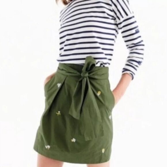 J. Crew Skirt Size 4 Olive Green Mini Embroidered Floral Tie-Waist NWT G9054 - Picture 2 of 16